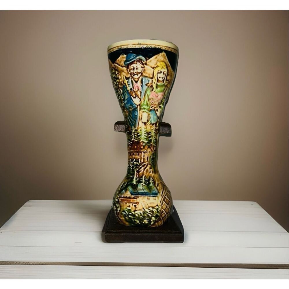 Vintage Tilso Hand Painted Quarter Yard Beer Stein Ceramic Japan W wood Holder